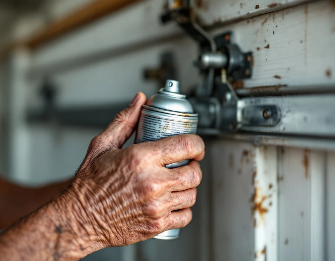 Weathered hands holding garage door lubricant spray can with rollers and springs visible in background
