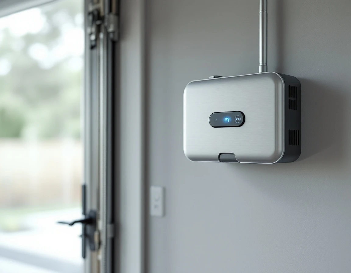 Modern WiFi-enabled garage door opener with smartphone mounted on wall showing wireless connectivity features