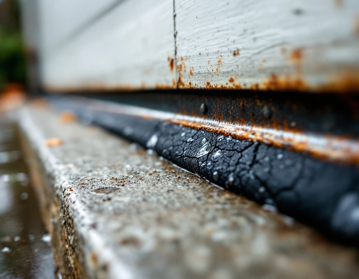 Weathered garage door bottom seal showing rust and rubber deterioration from Portland's wet climate