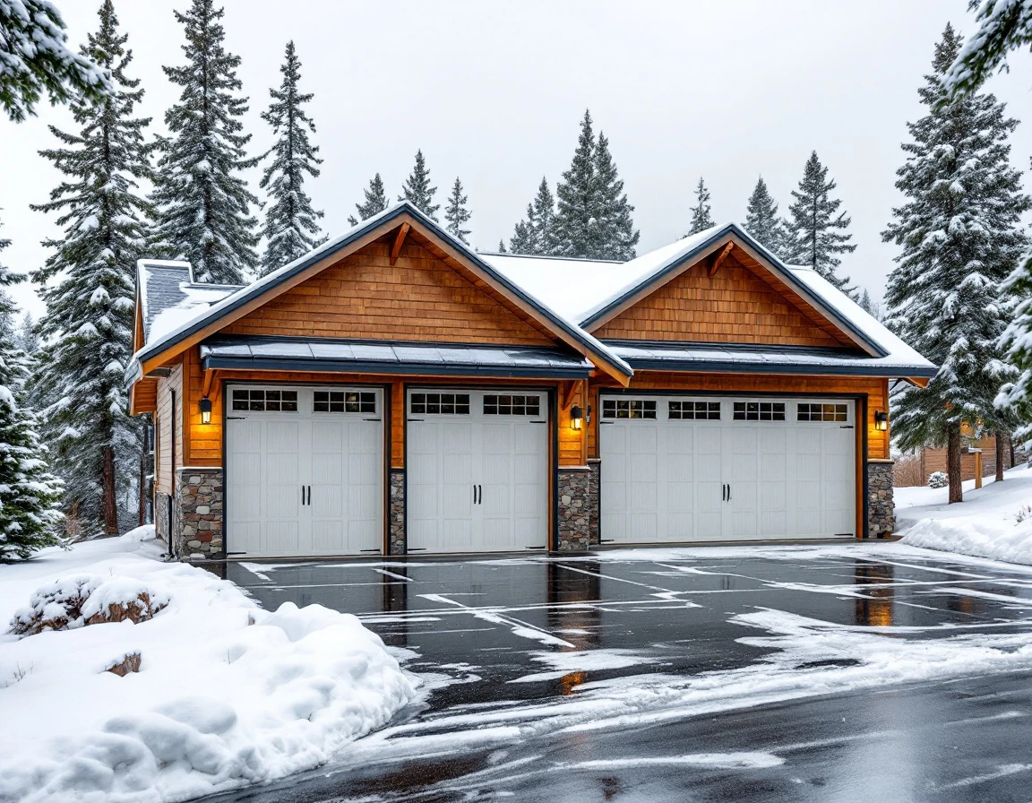 Modern timber-frame garage in Central Oregon with snow-covered driveway during winter conditions