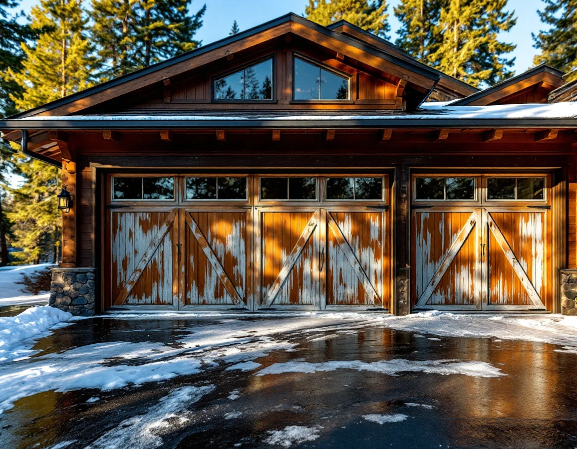Garage door showing frost damage and panel warping on a seasonal home in Sunriver, Oregon