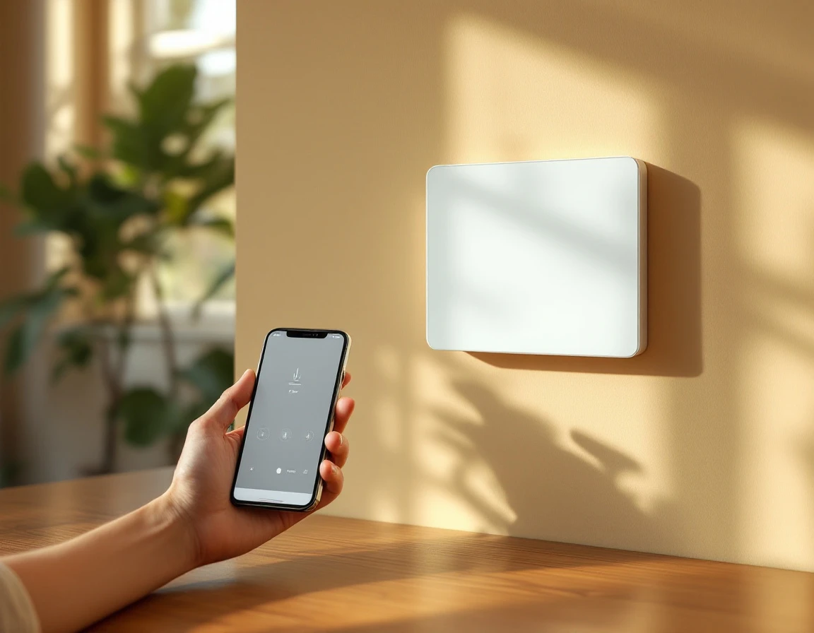 Smart garage door opener control panel and smartphone app interface in modern home setting