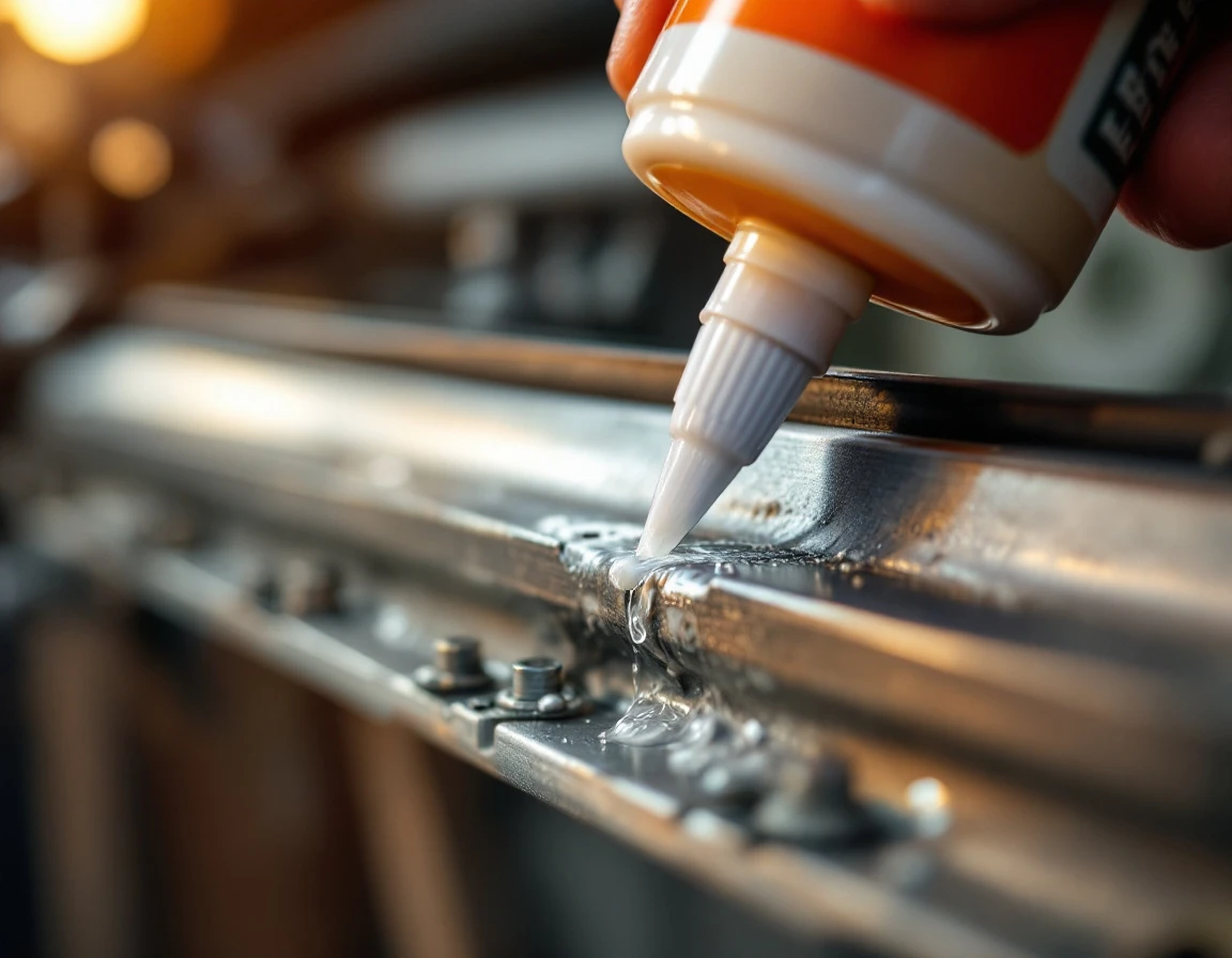 Lubricating spray being applied to garage door roller and metal track with precision nozzle