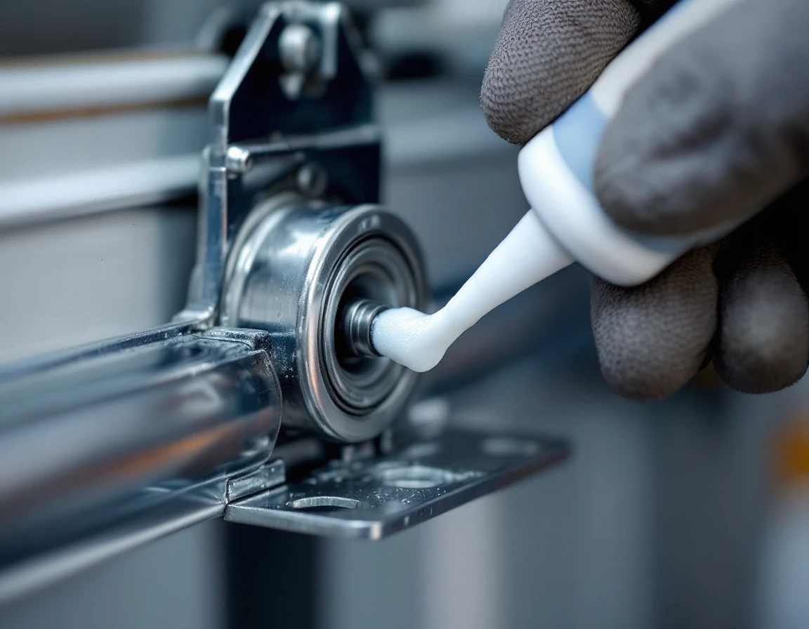 White lithium grease being applied to garage door roller bearing with precision applicator