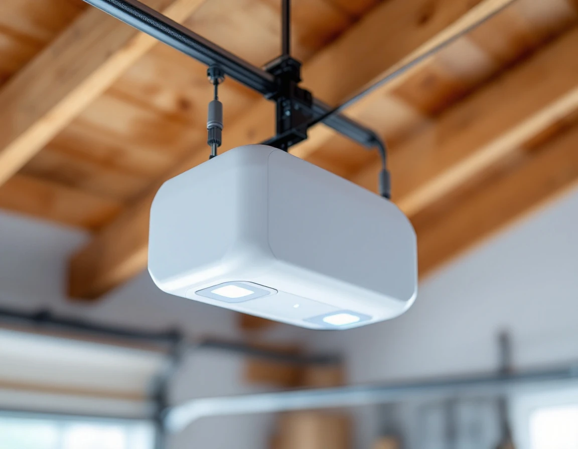 Modern WiFi-enabled garage door opener with smartphone connectivity mounted on ceiling track