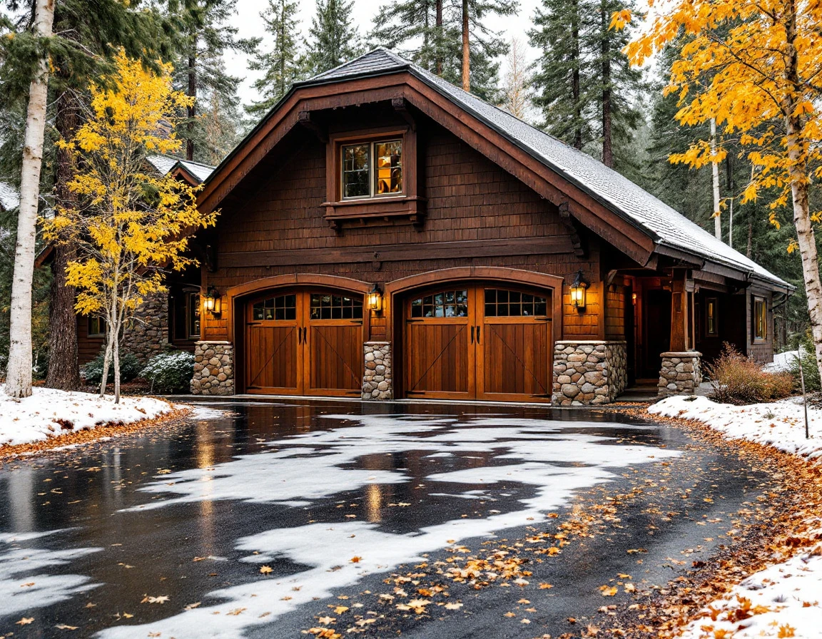 Sunriver vacation home garage with scattered fall leaves and early snow patches during seasonal transition
