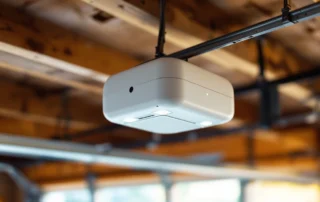 Modern WiFi-enabled smart garage door opener mounted on residential garage ceiling with visible hardware and wiring