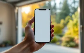Hand holding smartphone in garage demonstrating smart opener wireless control capability