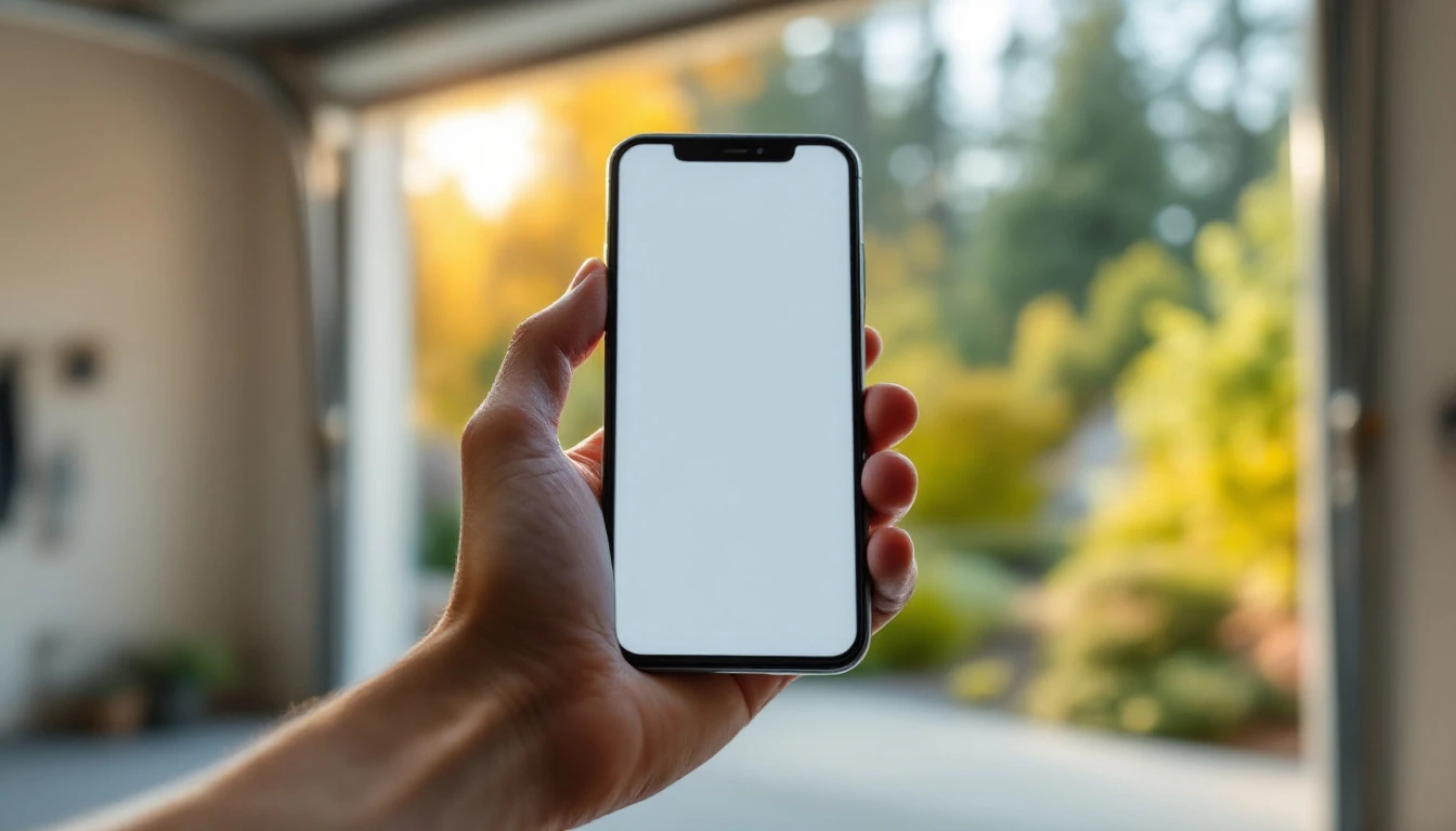 Hand holding smartphone in garage demonstrating smart opener wireless control capability