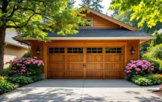 Well-maintained garage door in Portland neighborhood with summer landscaping and clean hardware