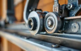 Close-up of garage door roller being lubricated with white lithium grease showing proper maintenance technique