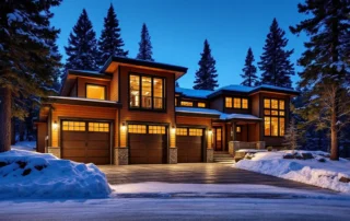 Mountain home with wood garage door in snowy Bend landscape at dusk with natural interior lighting