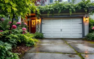 Craftsman home garage door with visible opener hardware and mounting tracks in Portland residential driveway