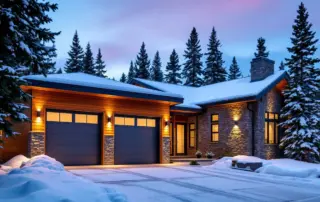 Modern grey garage door on contemporary Bend home with snow-covered driveway and evergreen trees at dusk