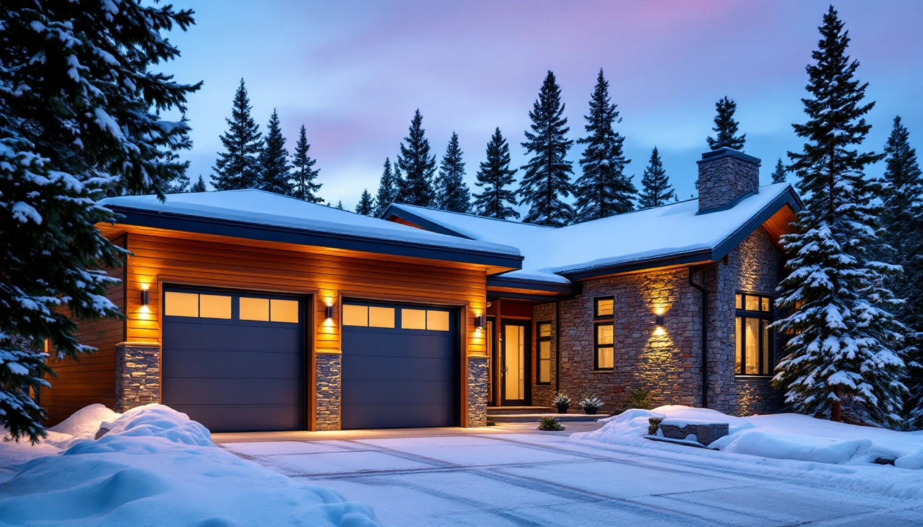 Modern grey garage door on contemporary Bend home with snow-covered driveway and evergreen trees at dusk