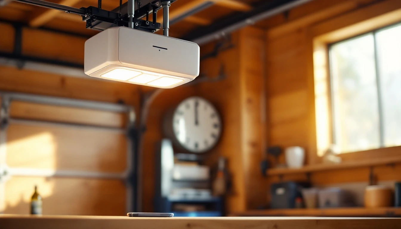 Modern WiFi-enabled garage door opener with smartphone control interface in Portland home garage