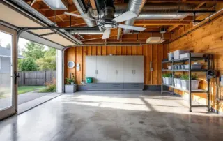 Wall-mounted exhaust fan and ventilation ductwork installed in Portland area garage with concrete floor