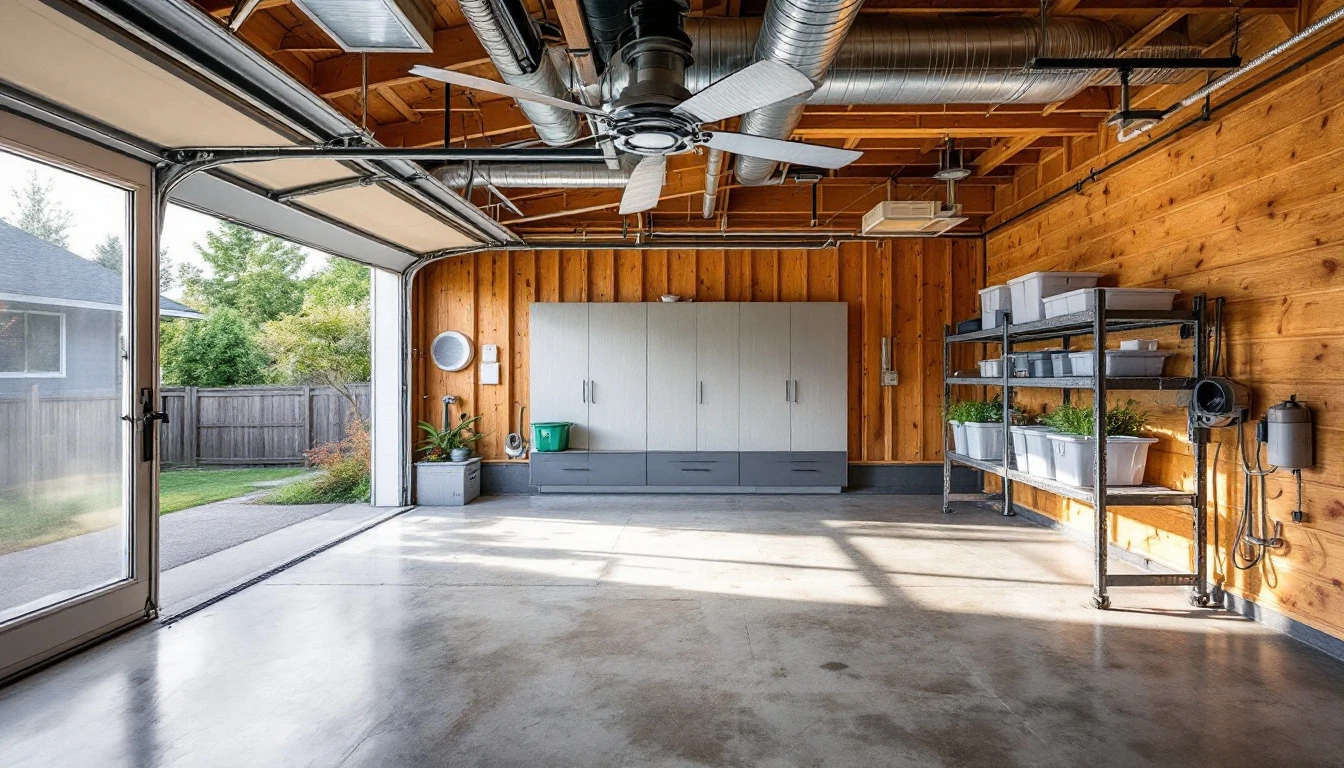 Wall-mounted exhaust fan and ventilation ductwork installed in Portland area garage with concrete floor