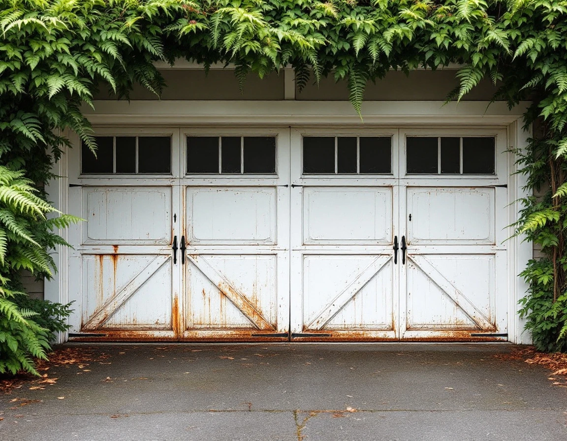 White garage door with rust damage on lower panels while upper sections remain intact