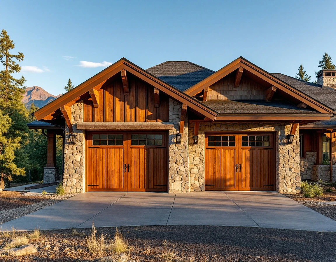 Modern mountain home in central Oregon with well-maintained garage doors against forest backdrop