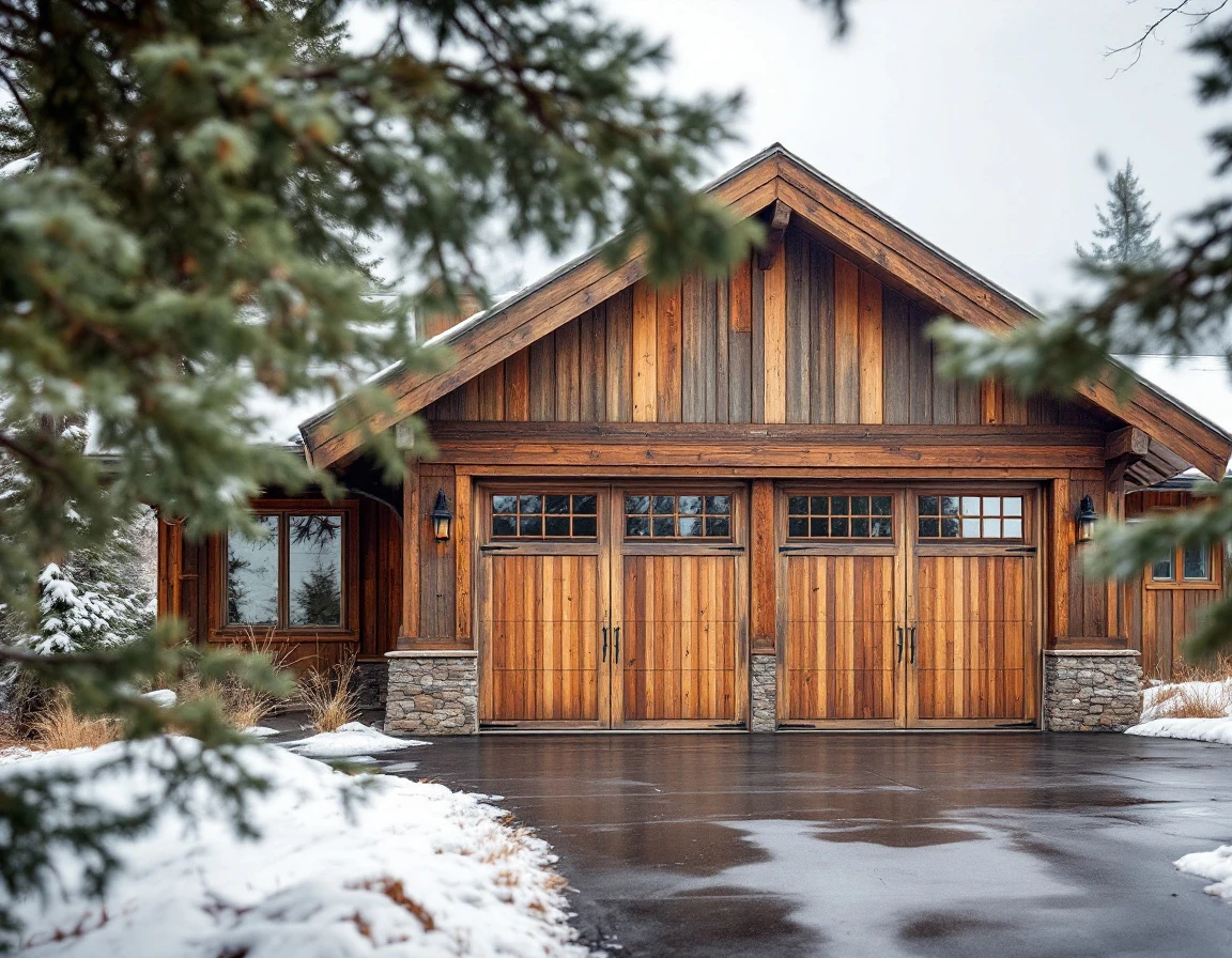 Wood garage door on Sunriver home showing moisture damage and weathering from winter freeze-thaw cycles