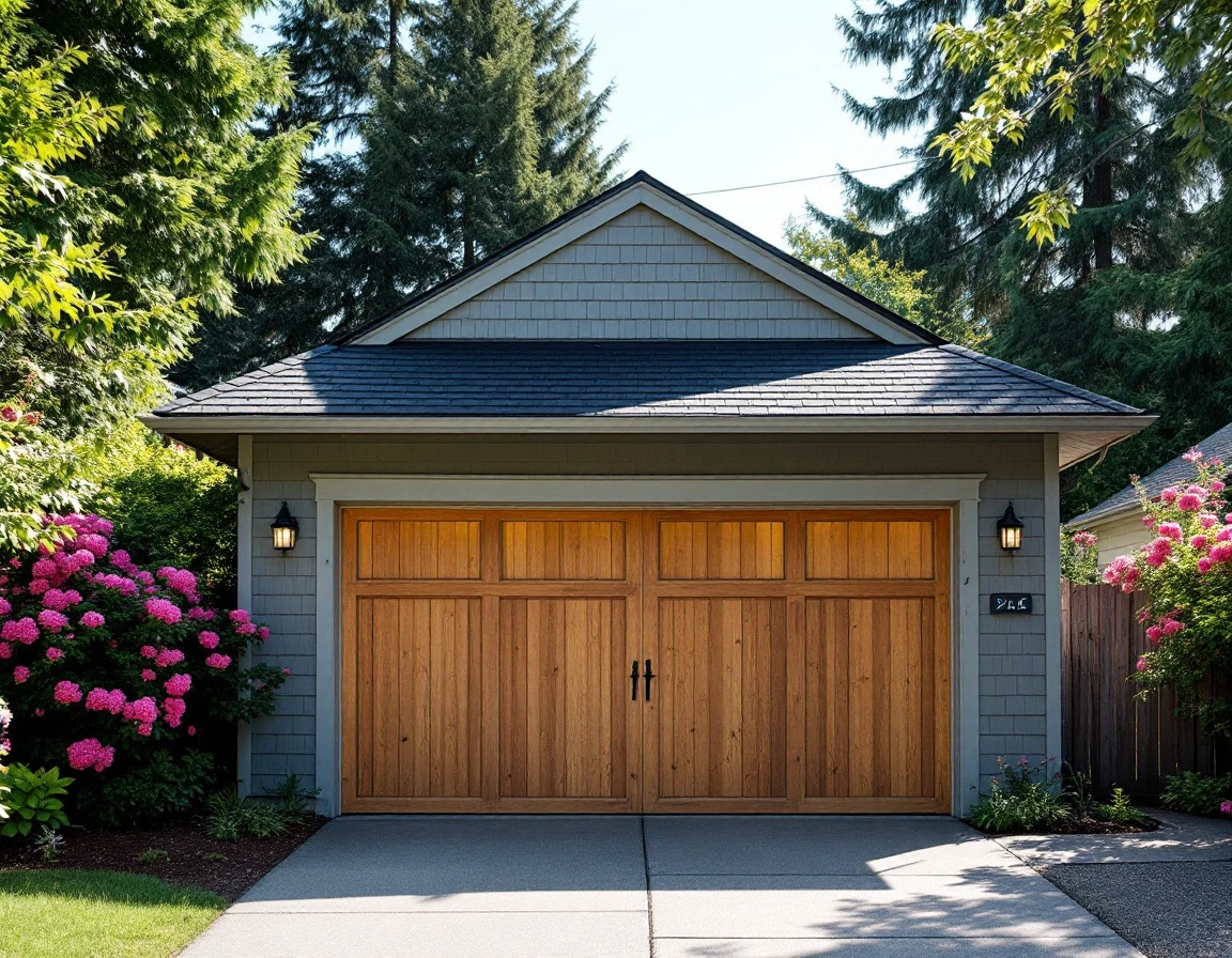 Portland garage with cedar siding under intense summer sun showing heat distortion above the roof