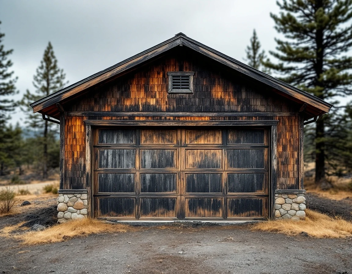 Fire-damaged garage with charred wood siding and smoke damage in Central Oregon high desert setting