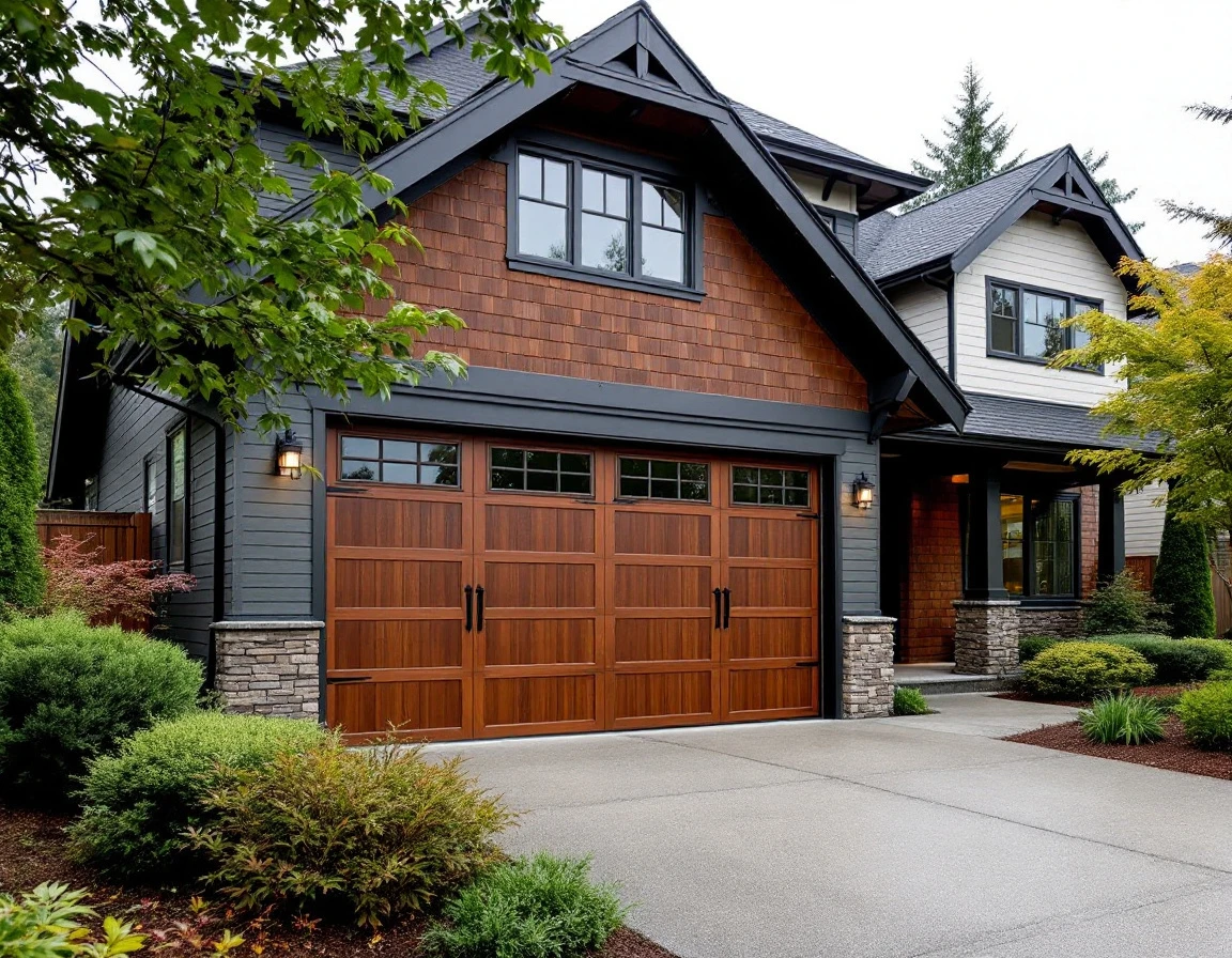 Modern craftsman home with new wood-grain garage door in Portland Metro neighborhood
