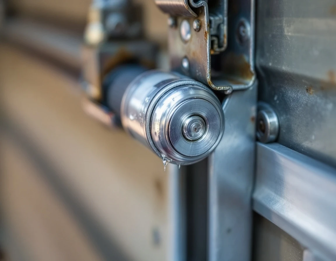 Garage door roller and hinge assembly being lubricated with spray lubricant