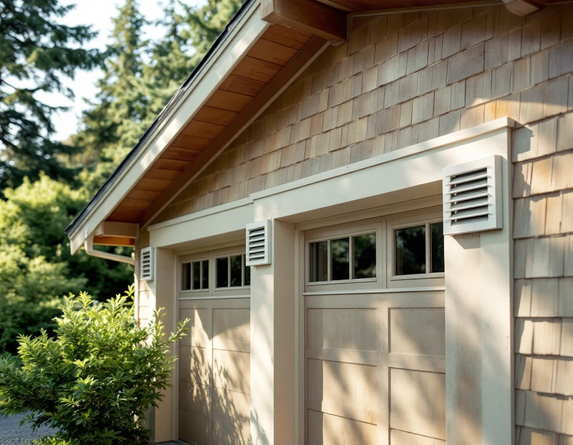 Craftsman garage with ridge vents, louvers, and turbine ventilators in Portland neighborhood