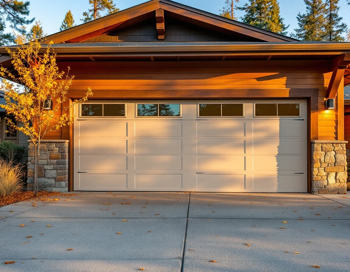 Well-maintained garage doors on a seasonal vacation home in Sunriver surrounded by ponderosa pines