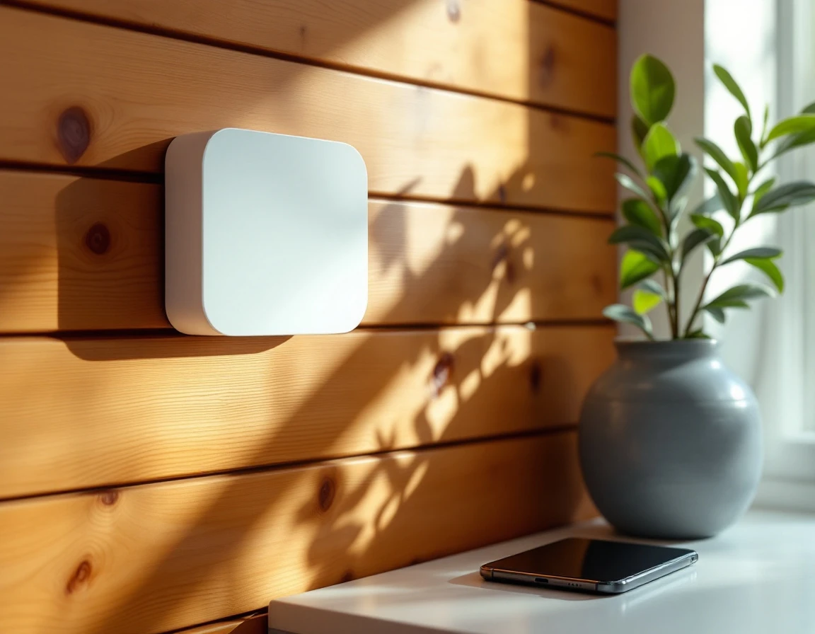 Smart home controller mounted on cedar wall with smartphone nearby in Pacific Northwest home interior