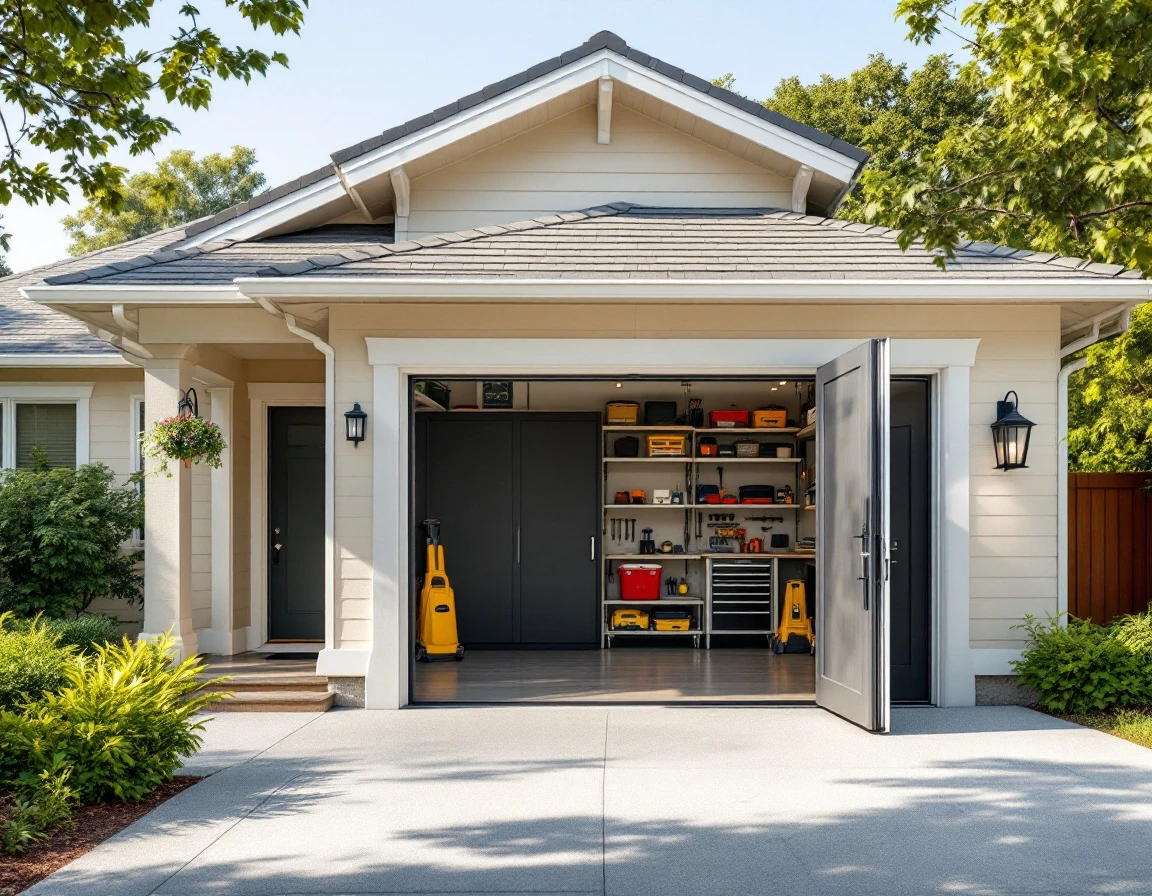 Well-maintained suburban garage with organized interior visible through partially open door