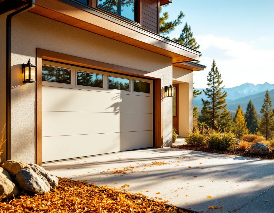 Garage door on Bend mountain home prepared for seasonal closure with pine trees and volcanic rock landscaping