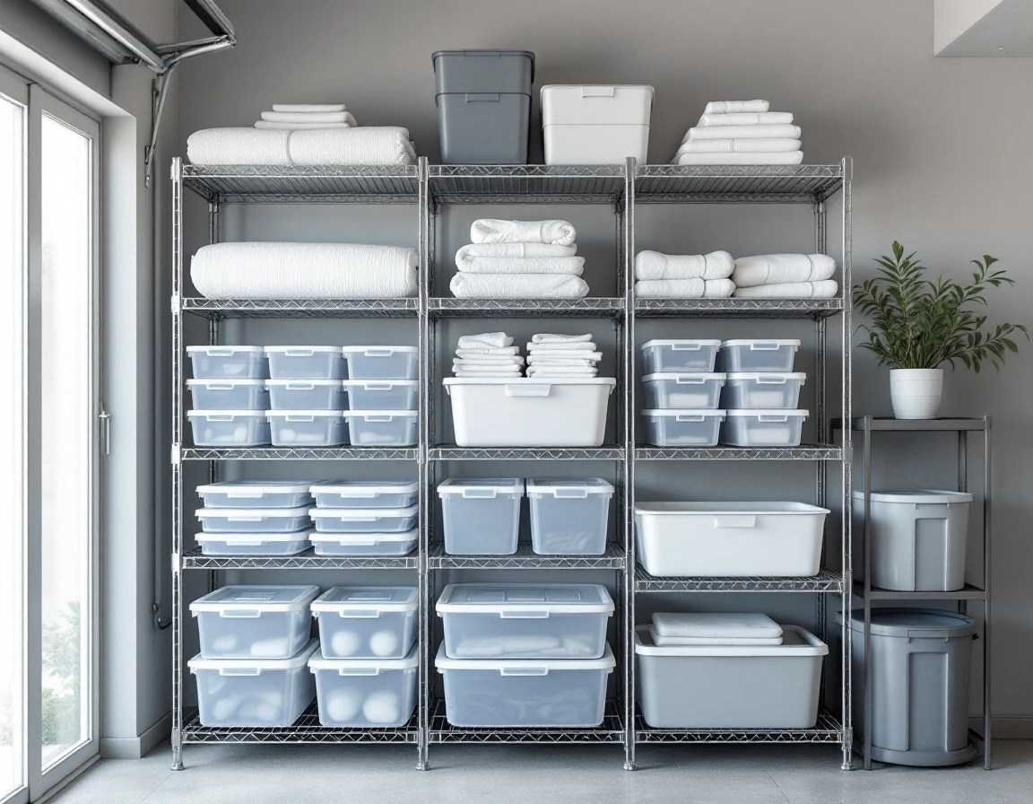 Organized wire shelving with unmarked storage bins and neatly folded linens in garage storage zone