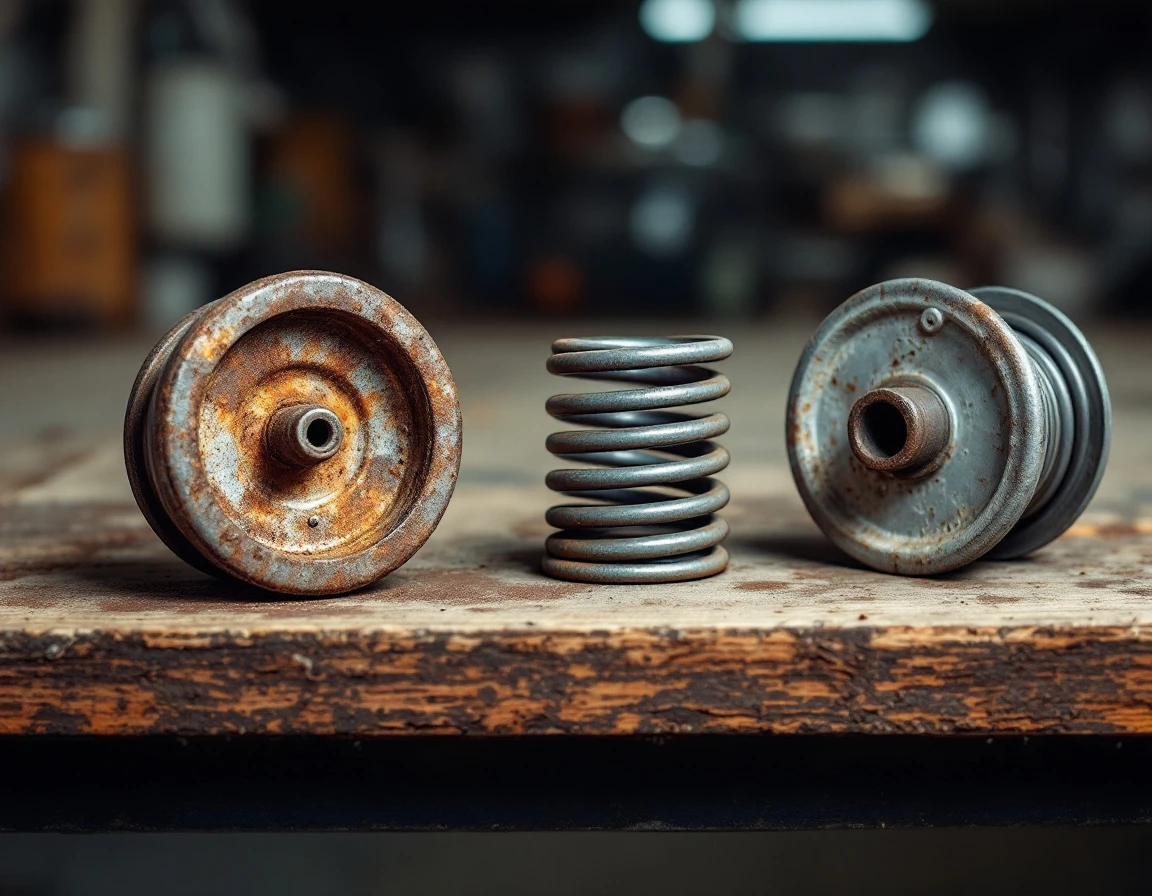 Three weathered garage door components including roller wheel, torsion spring, and cable drum on workshop bench