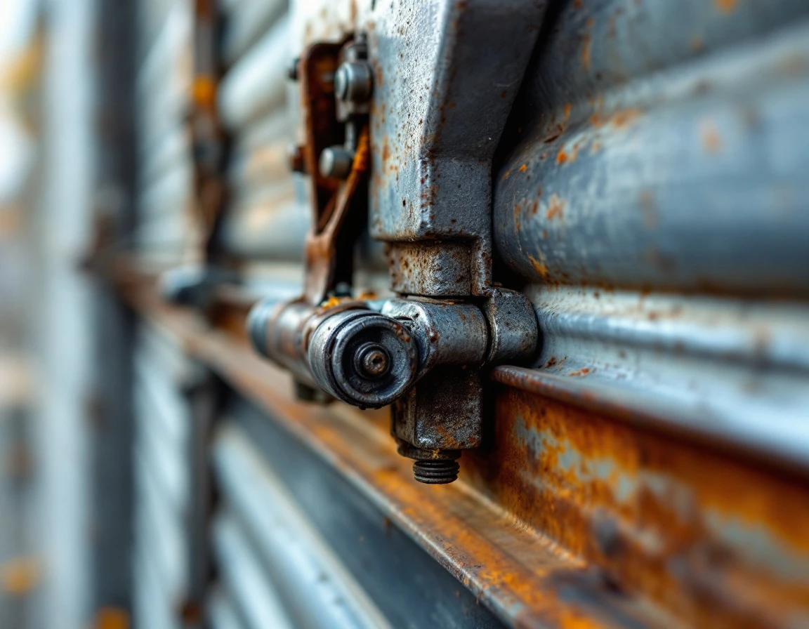 Close-up of commercial garage door track showing worn rollers and hardware requiring inspection