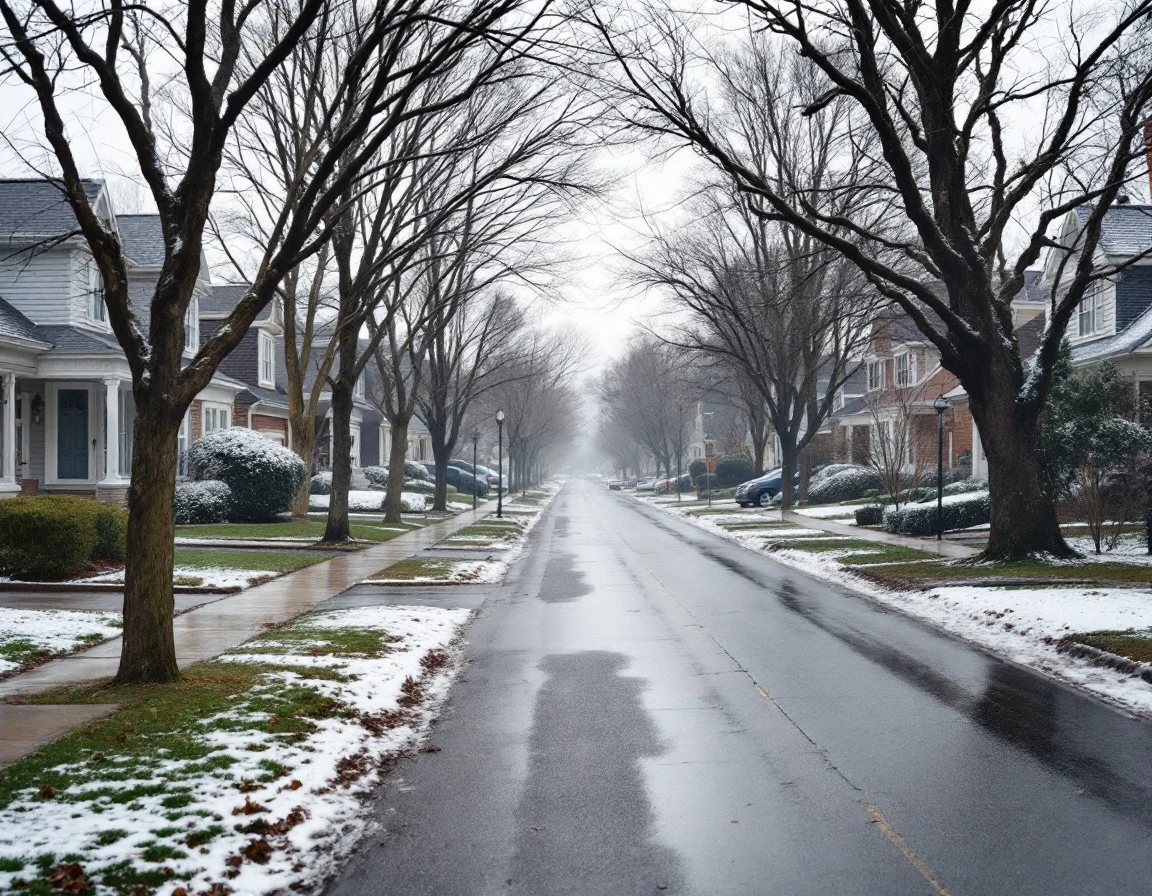 Suburban residential street with single-family homes and attached garages on a winter day