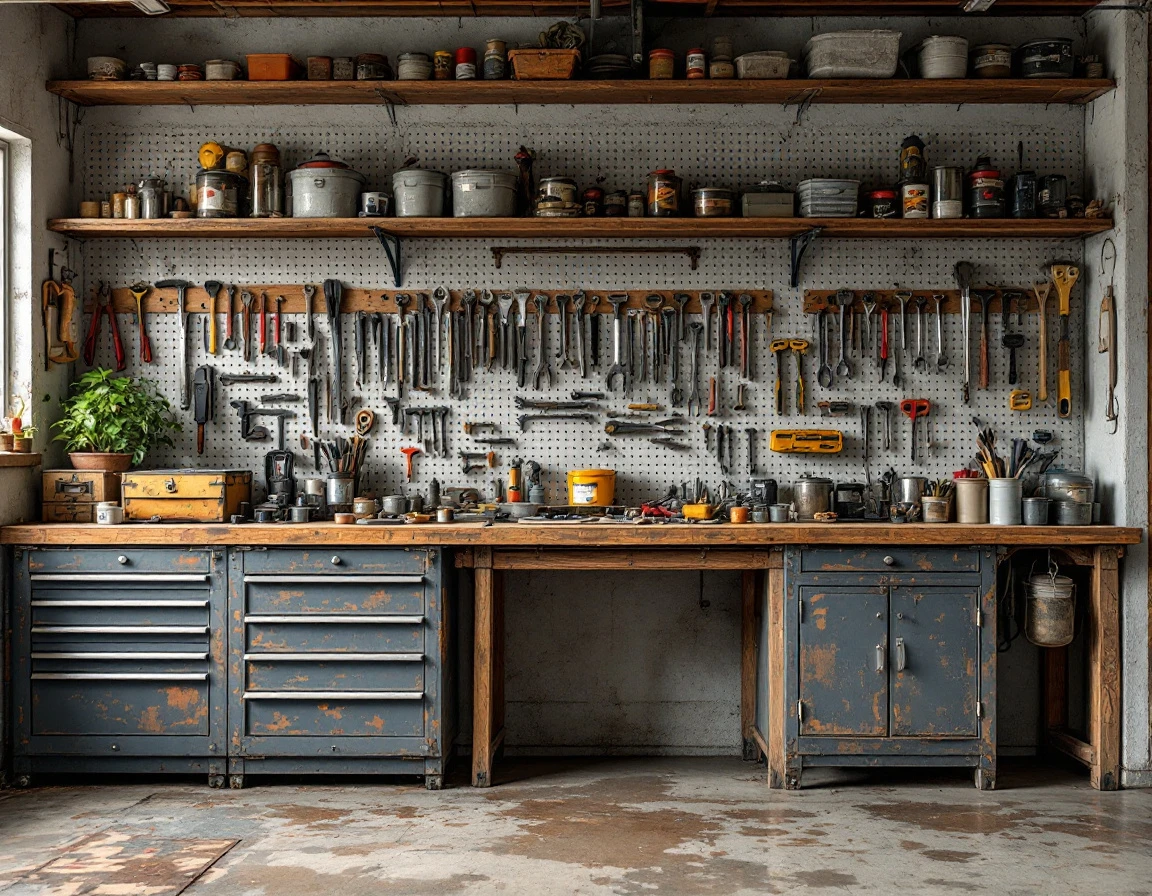 Organized garage workspace with categorized tool storage on pegboard walls and metal bins