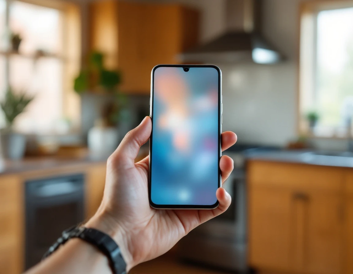 Hand holding smartphone with blurred screen for smart home garage door control in modern kitchen