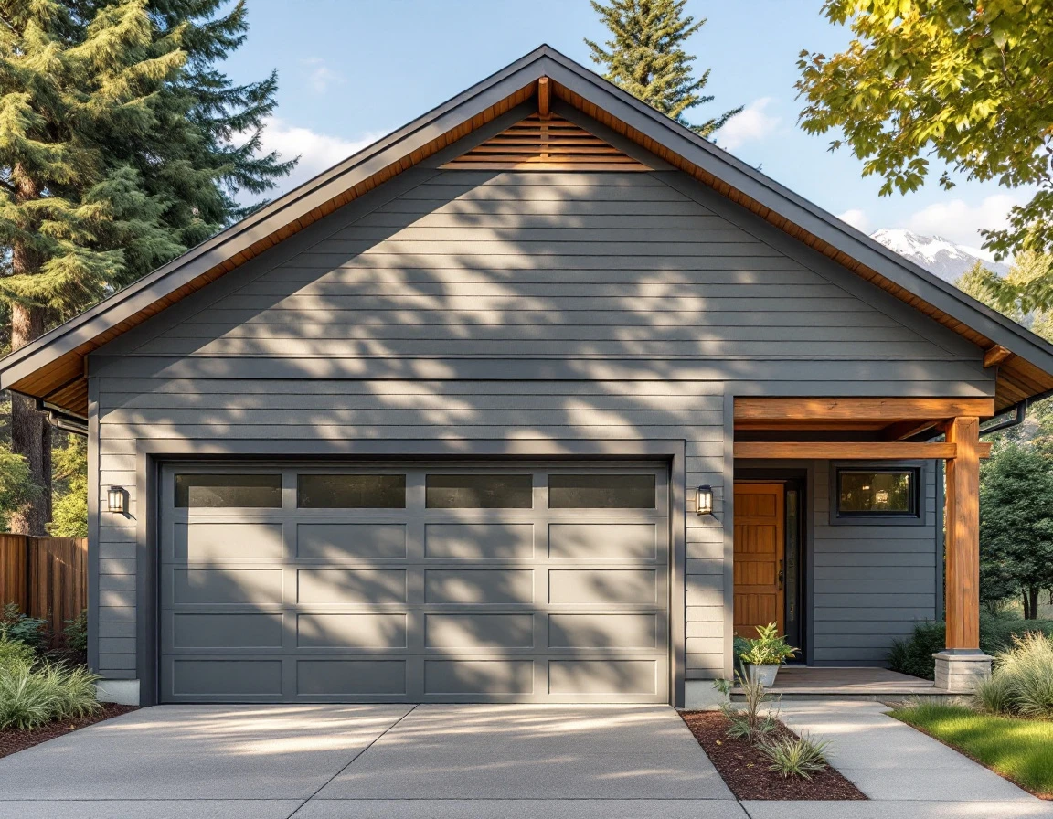 Contemporary PNW garage with ventilation features and modern siding on summer day