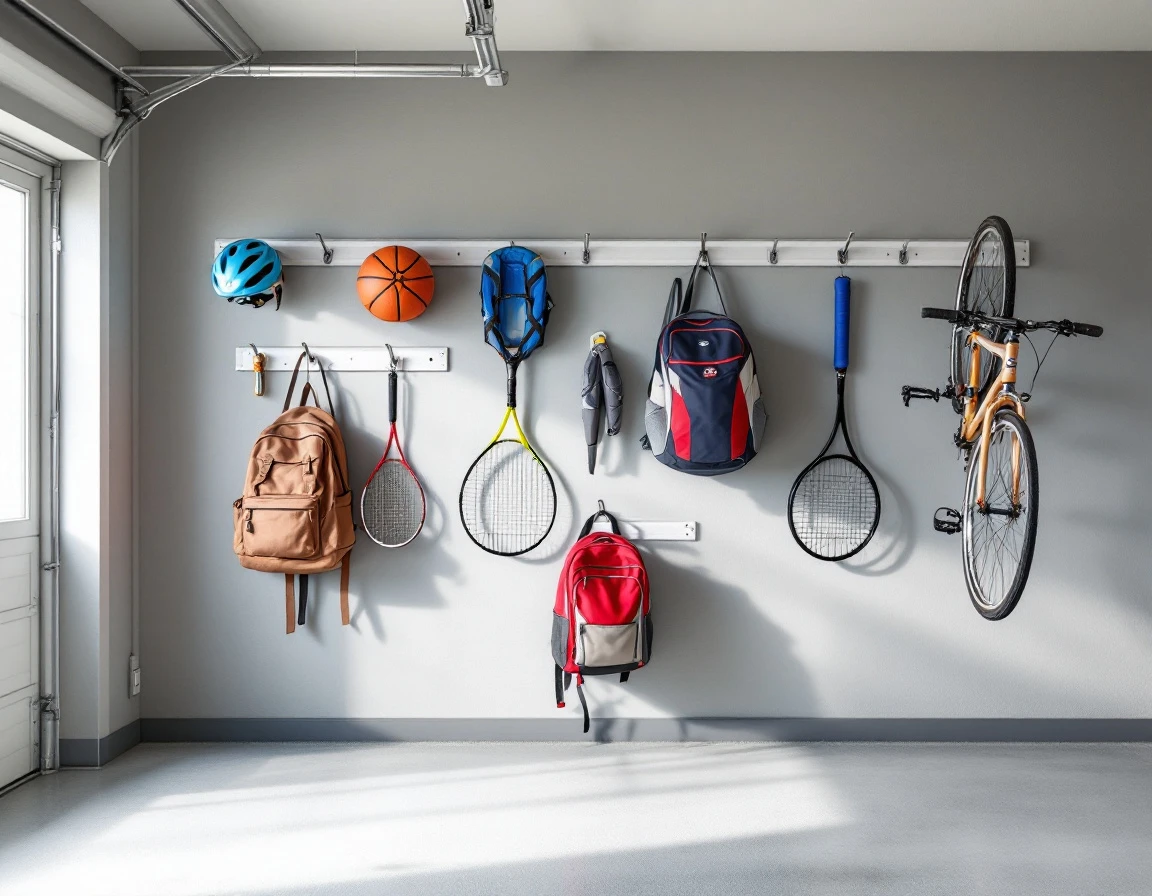 Wall-mounted storage hooks organizing sports gear, bike helmet, and school backpacks in a Portland garage
