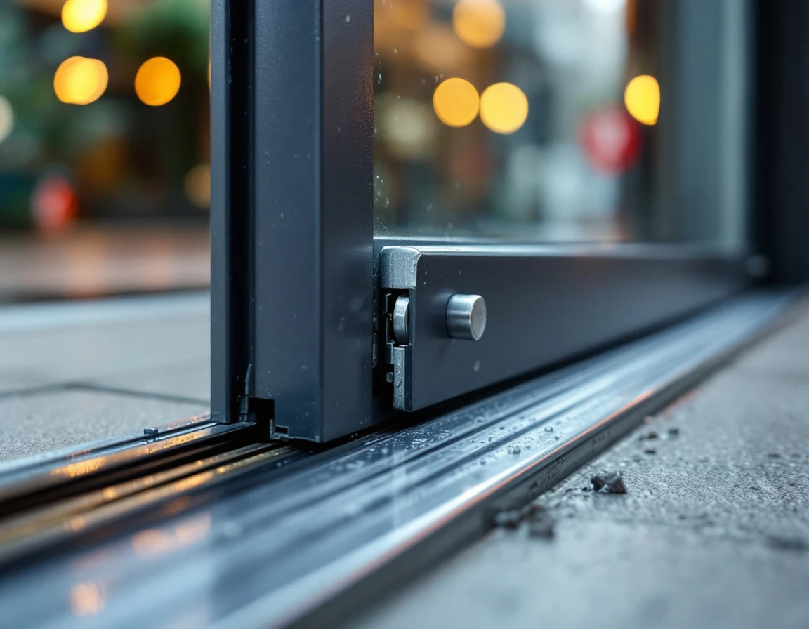 Close-up of commercial door weatherstripping and threshold showing hardware components and seals