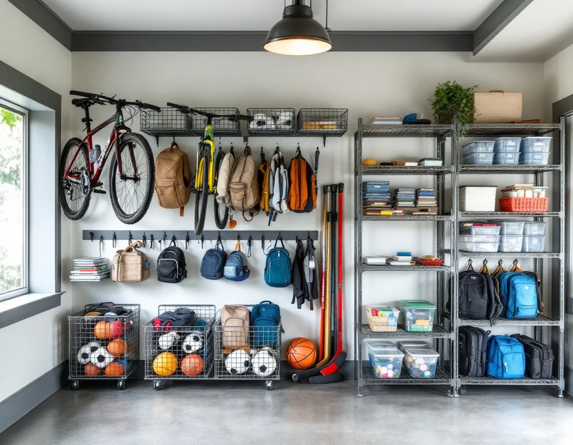 Organized garage with bikes, sports gear, backpacks, and school supplies sorted into dedicated wall-mounted zones