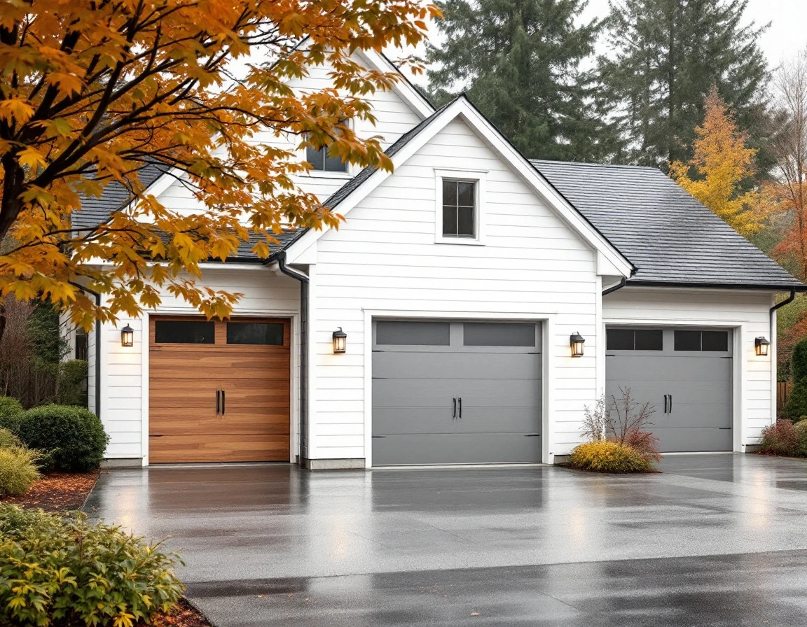 Three-car garage with varied door materials on white farmhouse in Portland metro neighborhood
