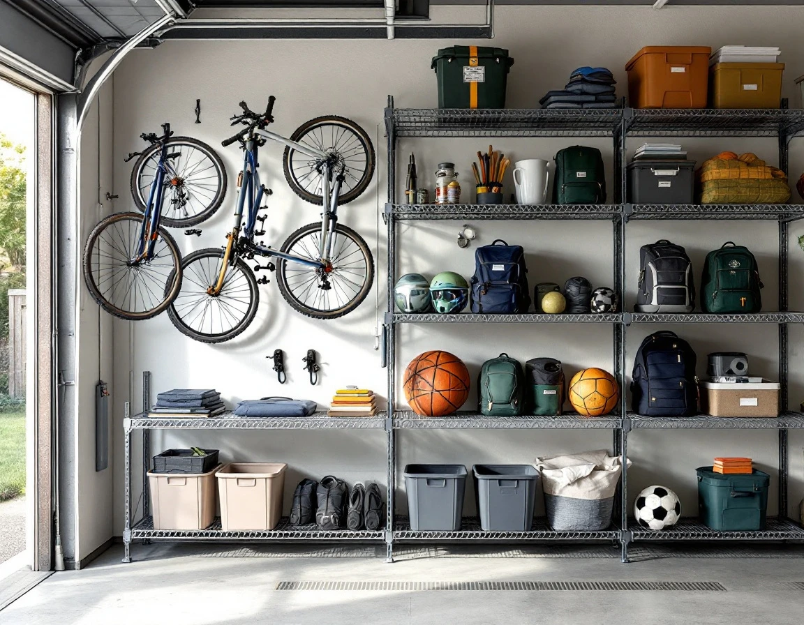 Organized wall-mounted garage storage with bikes, sports equipment, and school supplies in designated zones