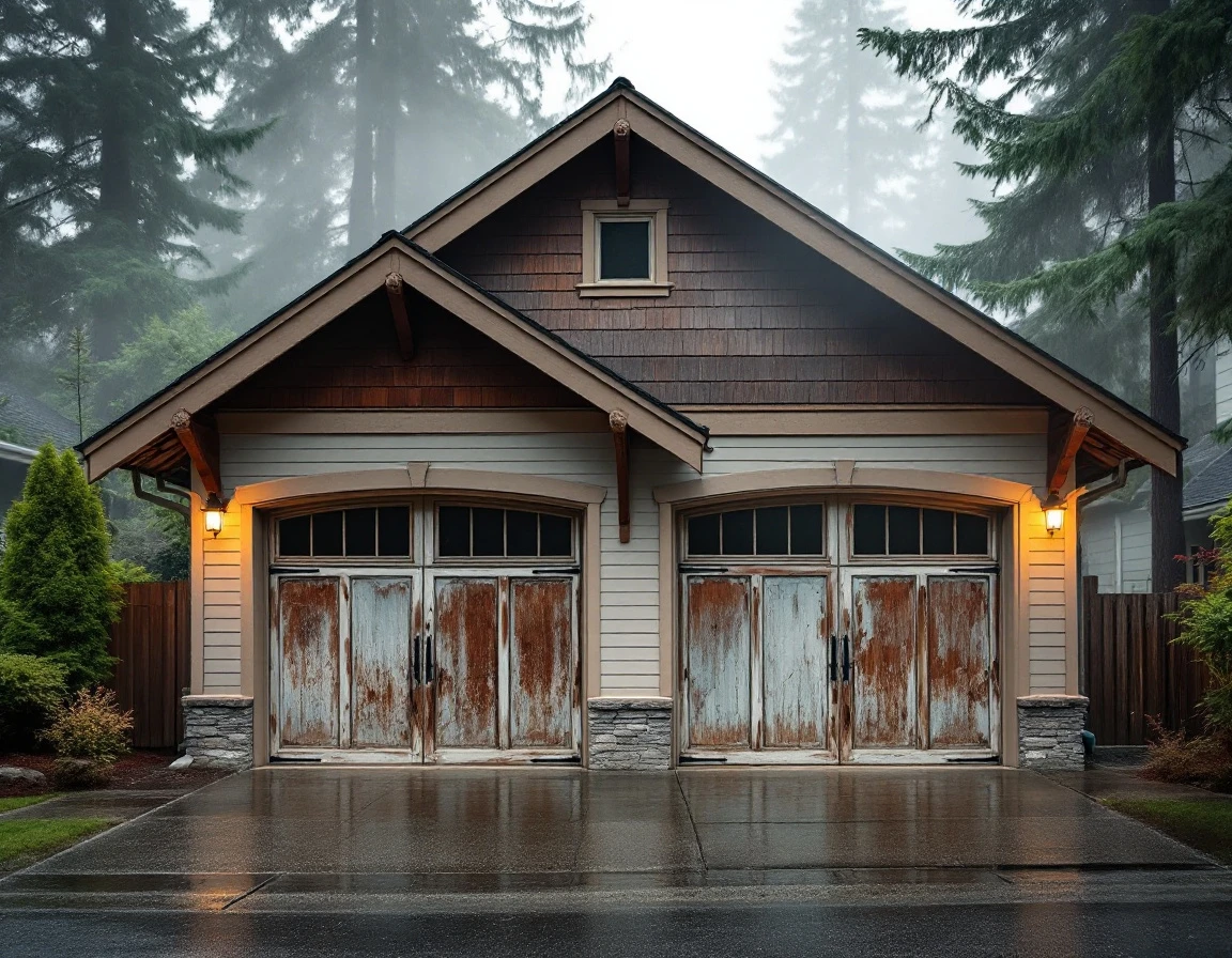Two-car garage on Portland craftsman home showing one damaged door and one maintained door side by side