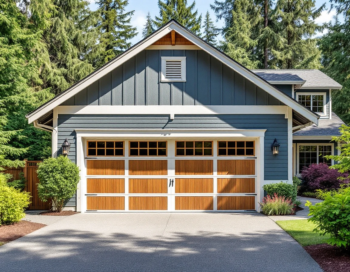 Pacific Northwest garage exterior showing roof vents and soffit ventilation details in natural summer light