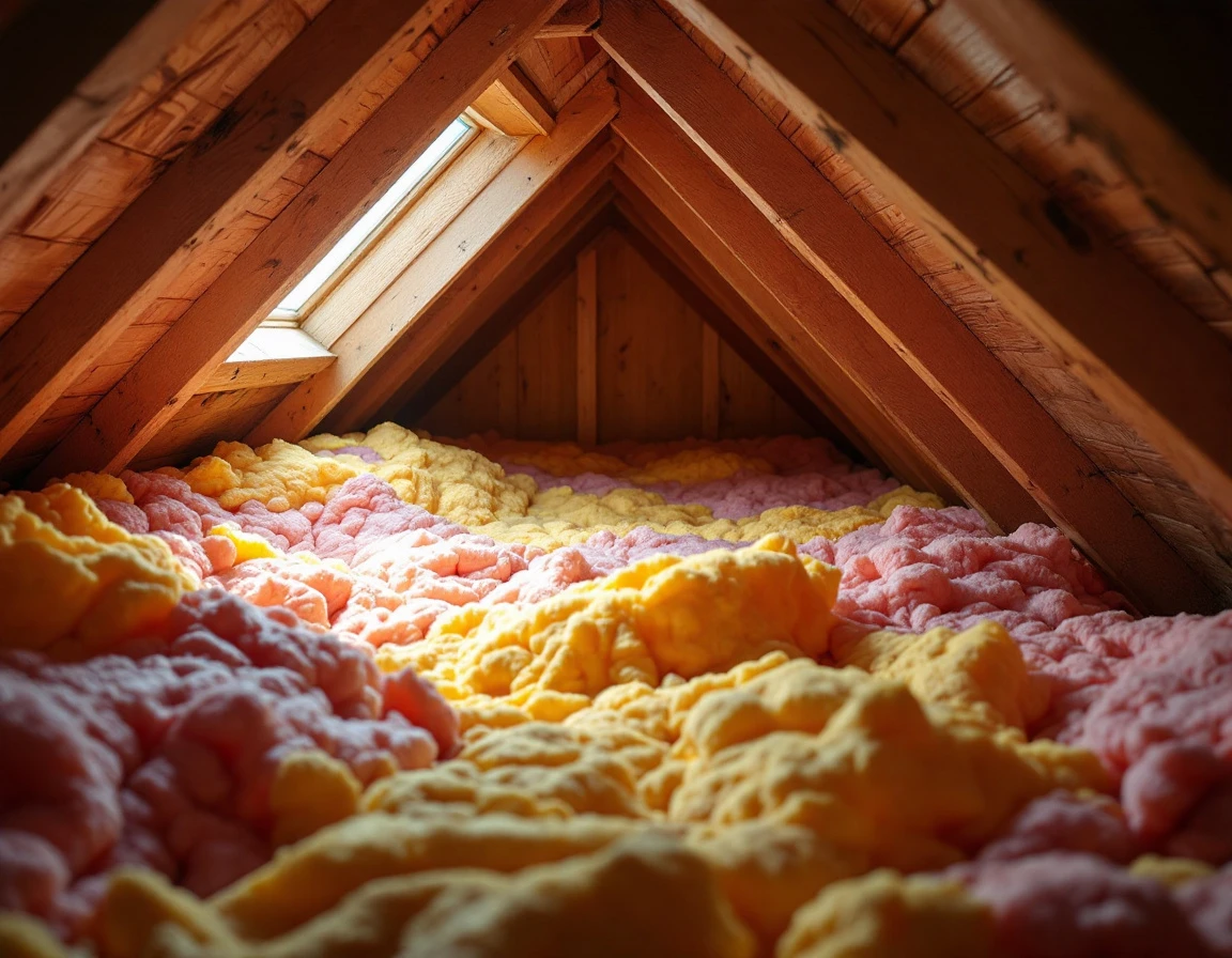 Fiberglass insulation batts installed between attic rafters in residential home showing proper energy efficiency materials
