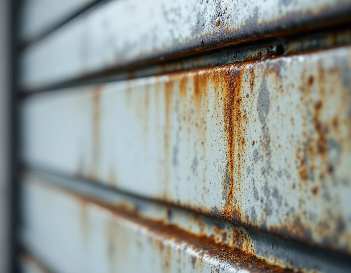 Commercial garage door panel showing water damage and rust from Pacific Northwest weather exposure